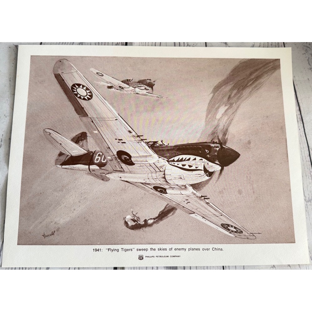 Vintage Phillips 66 Flying Tigers 1941 P-40 Warhawk Aviation Art Print WWII